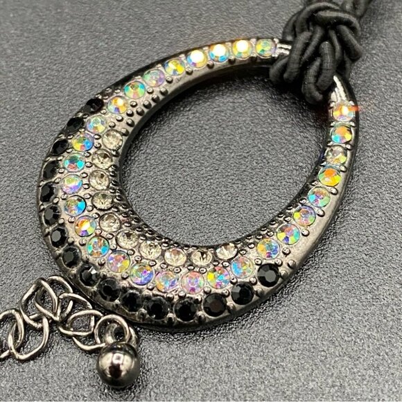 Lia Sophia Retired Black Cord Necklace w/ Sparkly Crystal Teardrop Oval Pendant - Picture 11 of 16